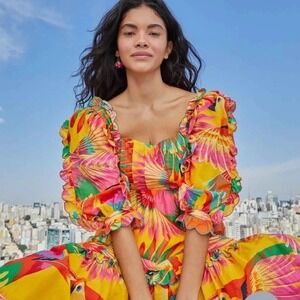 FARM RIO Colorful Toucans Scallops Midi Dress Birds Vacation Embroidered X-Large